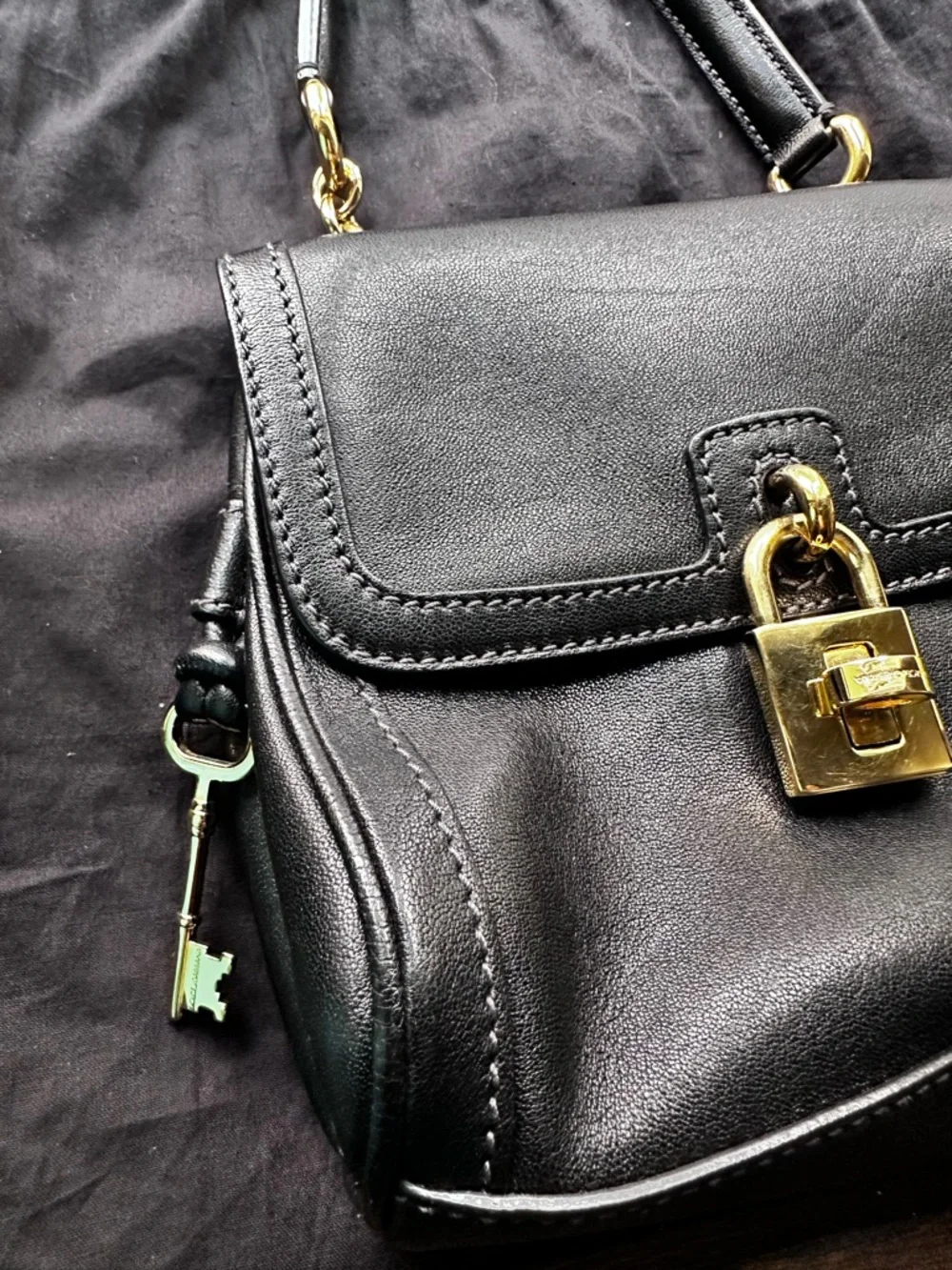 Dolce & Gabbana Black Leather Top-Handle Bag with Gold Lock - Picture 2 of 8